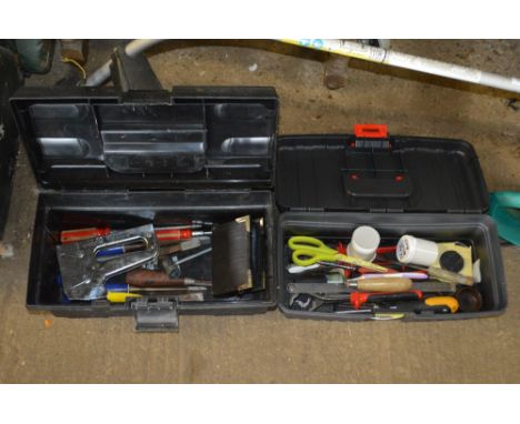 Two plastic toolboxes and contents of various hand tools