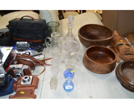 A decanter and stopper; and various glassware