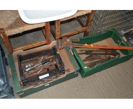 Three boxes of various hand tools to include a large pair of stilsons