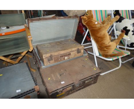 A wooden and metal bound trunk; together with a suitcase and a metal trunk 