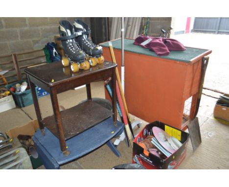 A quantity of snooker cues; hockey sticks; blue painted coffee table; trolley; a pair of roller skates; and a box of various 
