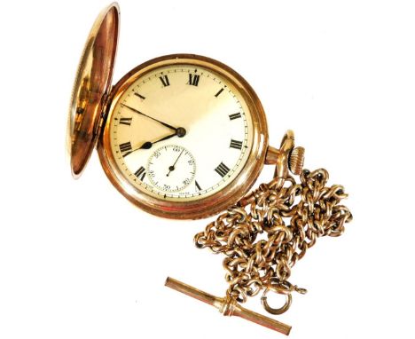 A gold plated hunter pocket watch, with engine turned case, Roman numeric dial with subsidiary Arabic second hand and hand wi