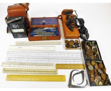 Various measuring rules, 18cm W, etc. other scientific instruments, calipers, Megger gauge, cased geometry set and a small qu
