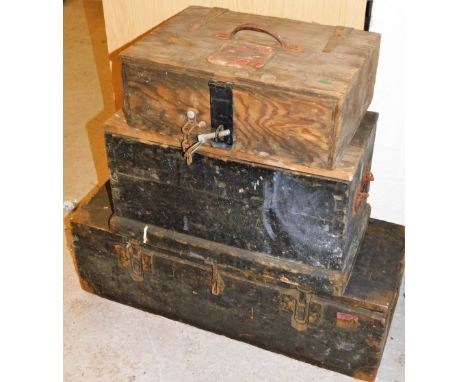 Various tool chests, a small pine cabinet with metal hinges, 38cm W and two others with carrying handle. 