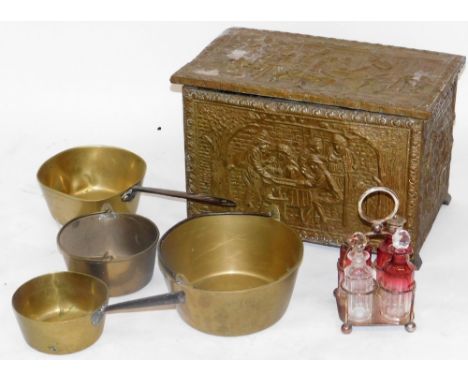 Various brass ware, an early 20thC rectangular slipper box, heavily repousse decorated with figures and interior tavern scene