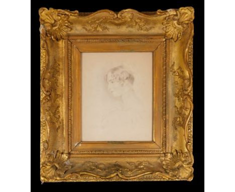 After Sir Thomas Lawrence.  Portrait of Miss Bloxham, in an elaborate gilt wood frame, with shells and scrolls to each corner