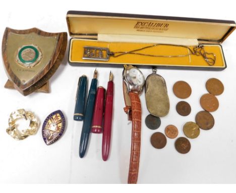 Various trinkets and effects, Hutson cup trophy shield, silver plated pendant and chain, pens, brooch, coins, etc.  (1 box)