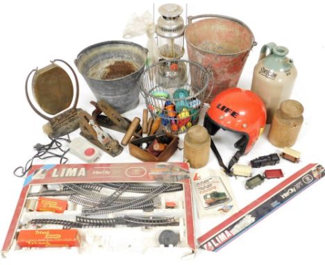 A Lima Park boxed train set, the box 62cm W, (AF), two various fire buckets, other metalware, stoneware jar, various other it