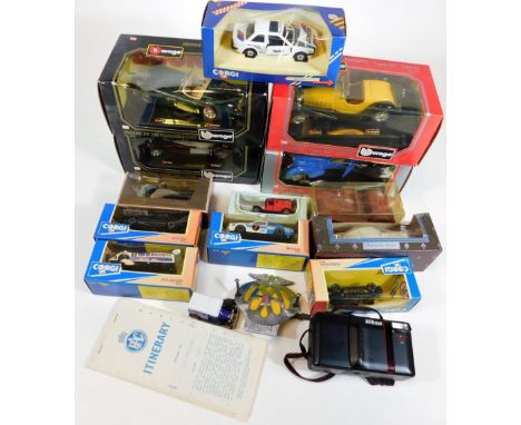 Various die-cast vehicles, to include boxed Corgi, Burago, a Nikon Instamatic camera, AA badge, etc. 