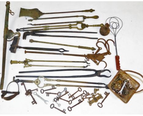 Various metalware, etc. bygone keys, fireside companion set, to include coal nips, 72cm H, various other vintage keys, etc. (