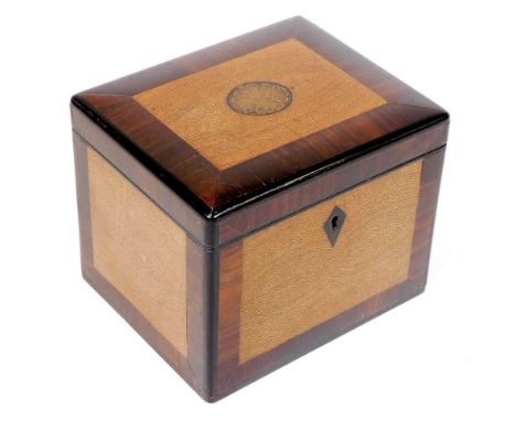 A 19thC wenge and ebony tea caddy, of rectangular form, with crossbanded lid centred by an oval floral patera, with diamond e