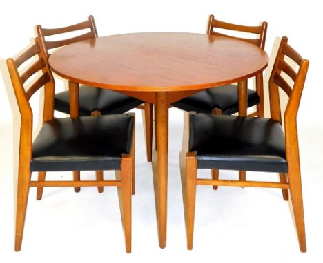 A vintage teak part dining room suite, comprising circular table and four chairs, each with curved horizontal splats and blac