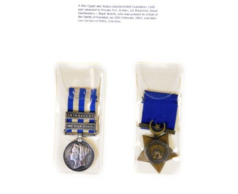 An Egypt and Sudan Gordon relief medal pair, for The Expedition 1885, marked Private R C Archer, one with  Khartoum clasps an