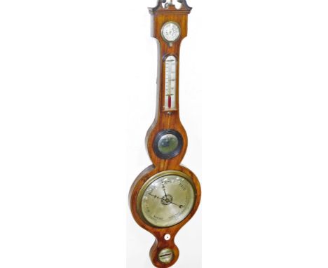 A 19thC mahogany five dial banjo barometer, in swan neck pediment case, with a boxwood stringing, with damp dry/feature, ther