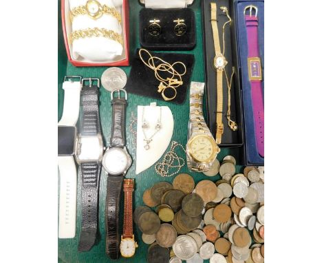Various wristwatches and coins, including Timex and other ladies, boxed, decimal and pre-decimal coins, etc. 