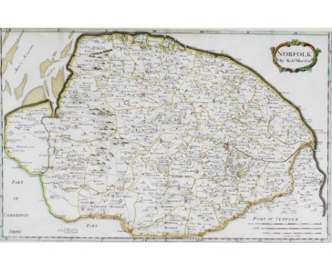 Robert Morden.  First Edition Britannia 1695 map of Norfolk, with later hand colouring, mounted and framed, 37cm x 58cm.