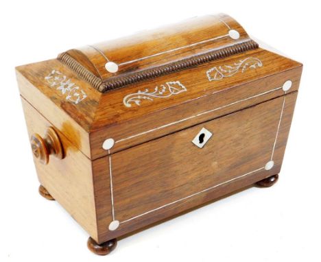 A 19thC rosewood and mother of pearl inlaid tea caddy, of sarcophagus form, with turned handles on compressed bun feet with f