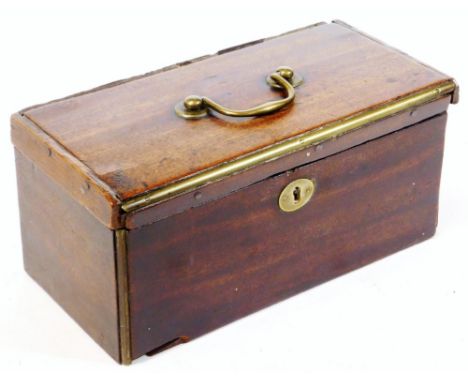 A George III mahogany tea caddy, of rectangular form, with open brass handle and fitted interior, 12cm H, 26cm W, 13cm D.  (A