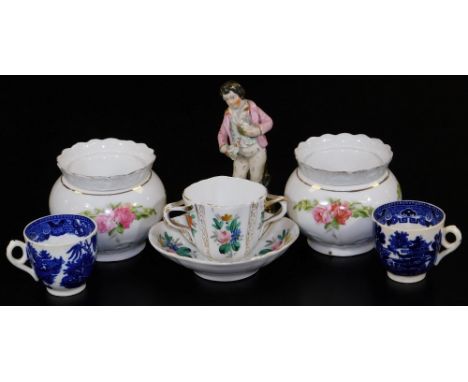 Various porcelain 18thC and others, a Willow pattern cup, 6cm H, another similar, continental porcelain two handled cup and s