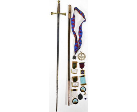 Various Masonic items, to include a sword and scabbard, with a steel blade, various medals to include AOD 500th Lodge, 11cm H