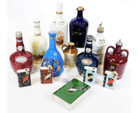 Various vacant pottery whisky decanters, to include book shaped example, 17cm H, Kings of Scotts rare Scotch whisky, various 