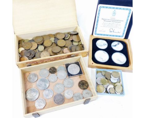 Various world used, commemorative and other coins, various GB 3d bits, pennies, silver four coin Olympic coin proof set in fi