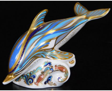 A Royal Crown Derby Dolphin paperweight ornament, silver stopper, 9cm H.  