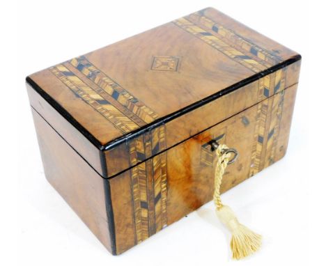 A late 19thC Tunbridge ware walnut tea caddy, of rectangular form with fitted interior,  12cm H, 20cm W, 12cm D.