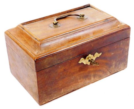 A George III mahogany tea caddy, of rectangular form, with brass handle and front escutcheon with fitted interior, 15cm H, 21