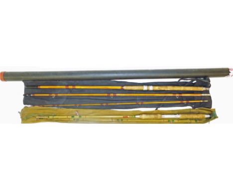 A vintage mid century split cane fishing rod, in three sections, (the top section fibre glass) 345cm L, with canvas bag, and 