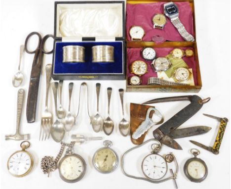 Various pocket watches, wristwatches, etc. to include a cased silver example, with 5cm Dia. Roman numeric dial with Arabic su