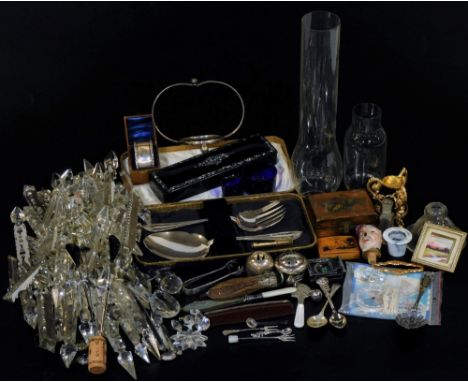 Various glass lustre droppers, early 20thC and other, 14cm H and various bygones, collectables, silver plated ware, preserve 