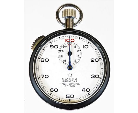 An Omega Prestons Timer stopwatch, in circular case, with Arabic numerals on a white ground, 7cm H.
