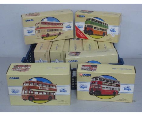 Ten Diecast Model Buses by Corgi, to include #97857 Bristol K Utility - London Passenger Transport, #97230 Leyland Atlantean 