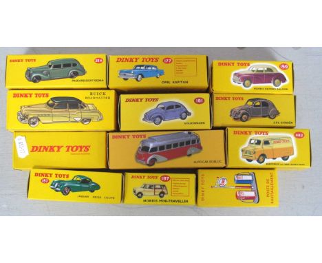 Eleven Atlas Editions Modern Reissue 'Dinky' Diecast Model Vehicles, to include #2623 Swiss Postal Volkswagen Beetle, #535 2C