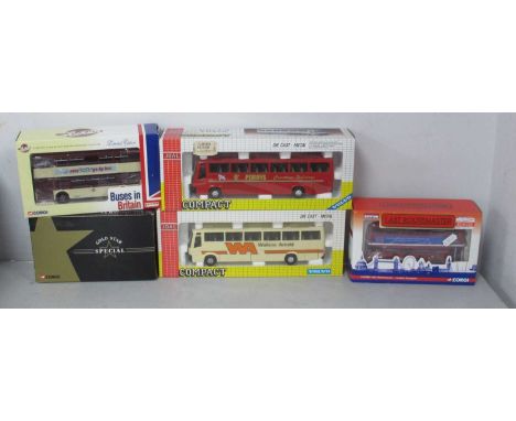 Five 1:50th Scale Diecast Model Buses by Corgi, Joal to include Corgi #CC25907 AEC Routemaster London Transport, #CC25501 Guy