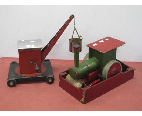 Three Home Made Wooden/Metal Toys for The 1s Half of the XX Century, including a steam roller and mobile crane, interesting p