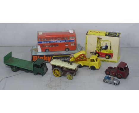 Dinky toys No 404 Conveyancer Fork Lift, boxed, No 29 Atlantean City Bus, carded, plus associated items.