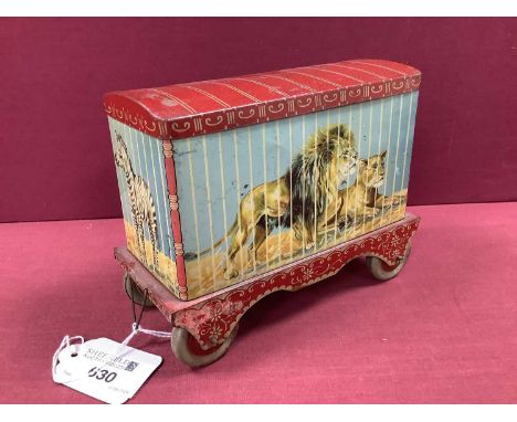 Mid XX Century Wheeled Tin, with hinged roof depicting tigers in a circus train, probably by Chad Valley.