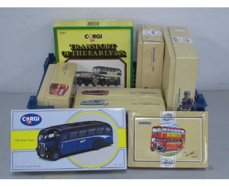 Ten Diecast Model Buses by Corgi, to include #97311 Guy Arab Utility Midland 'Red' Motor Services, #97827 Daimler CWA6 Utilit