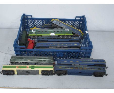 Six "OO" Gauge Locomotives and Rolling Stock by Triang, Lima, to include Trans Continental double-ended diesel blue/yellow, L