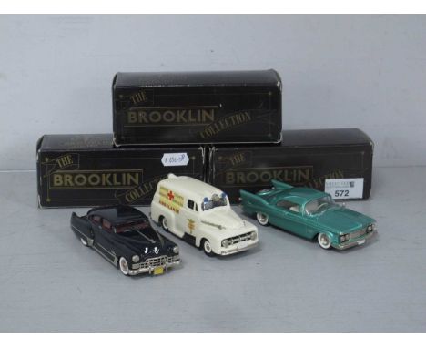 Three Brooklin Models 1:43rd Scale White Metal Model Vehicles comprising of #BRK.40 1948 Cadillac Dynamic Fast Back Coupe, #B