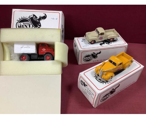 Three U.S. Model Mint 1:43rd Scale White Metal Model Vehicles. #US-14S 1937 Studebaker Coupe Express Pick Up, #US-38s 1952 St