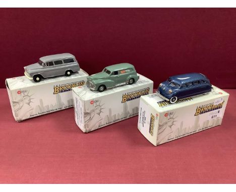 Three Brooklin Models 1:43rd Scale White Metal Model Vehicles comprising of #BRK.78 1936 Stout Scarab, #BRK.136 1947 Chevrole