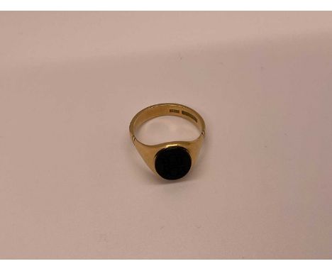 18ct gold signet ring with bloodstone intaglio with gothic 'H', size V 1/2Weighs 8.1g.