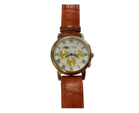 Rotary moonphase calendar wristwatch in a stainless steel gold plated case, 38mm diamater, on brown leather strap. Model no.G