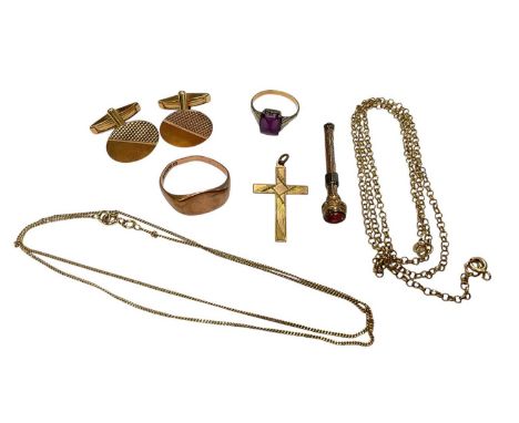 Group of 9ct gold jewellery to include two chains, rose gold signet ring, gem set ring, cross pendant, propelling pencil and 