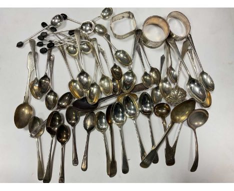 Collection of Georgian, Victorian and later silver tea and coffee spoons, sifter spoon and three napkin rings, all at 20.2 tr