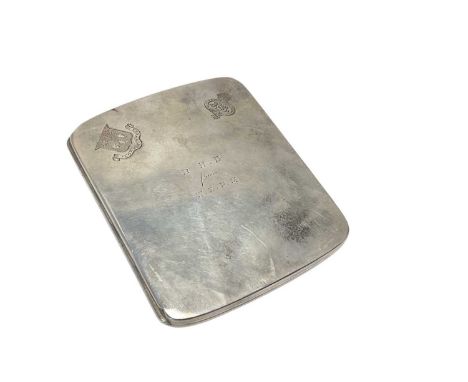 George V silver cigarette case with engraved Grenadier Guards and Eton College crests and inscription, to 'R.H.B. from W.E.P.