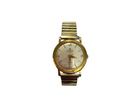 Lanco 18ct gold cased gentlemen's wristwatch with an engraved presentation inscription to the reverse, 32mm diamater, on a go